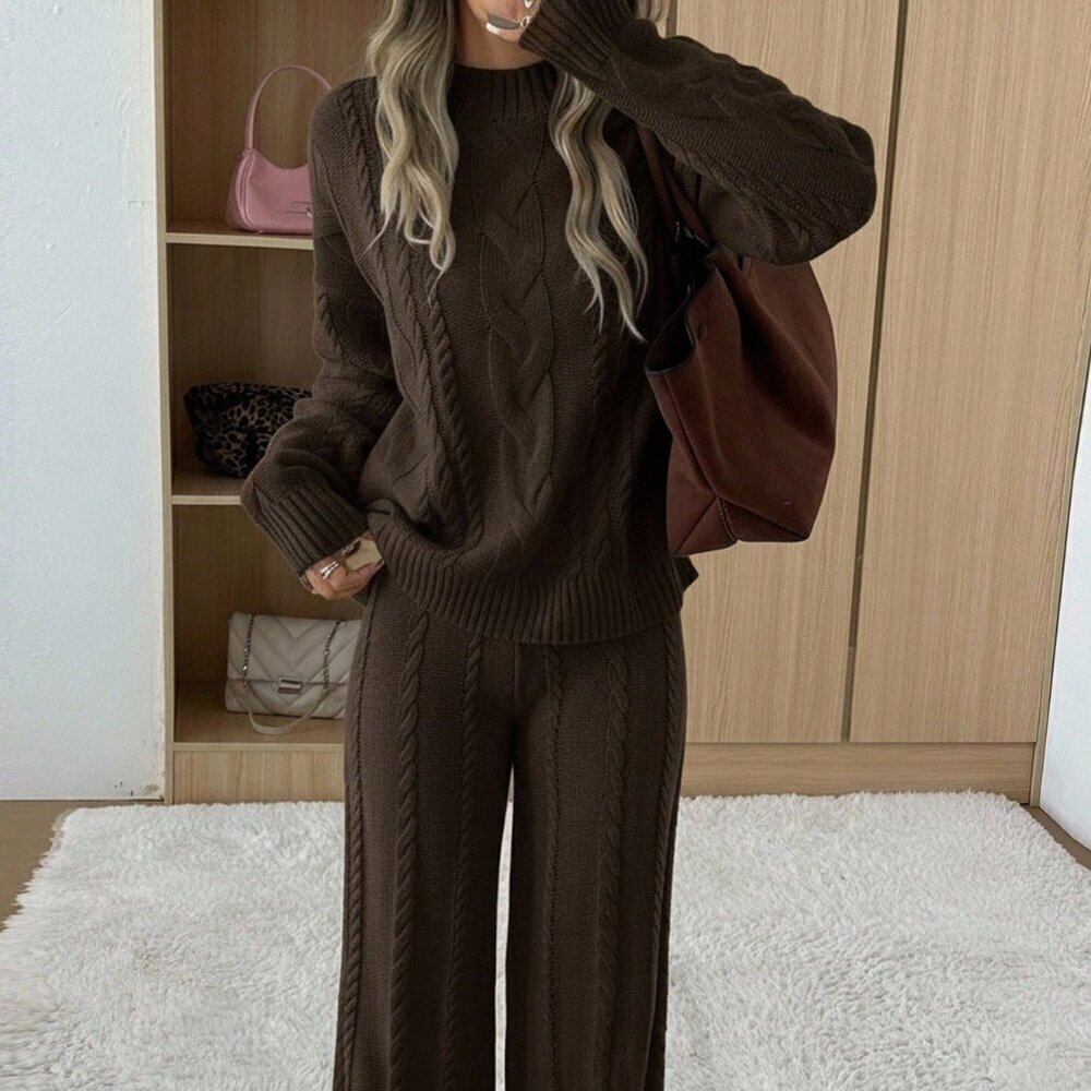Coffee Brown Casual Women's Round Neck Long Sleeve Sweater And Pants Set - Picture 4 of 5